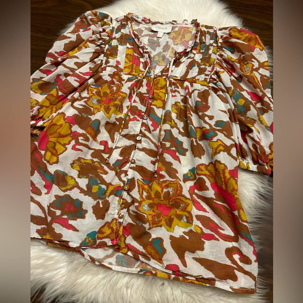 Cleobella Ruched Puff Sleeve Blouse in Orange and Brown - Picture 5 of 15